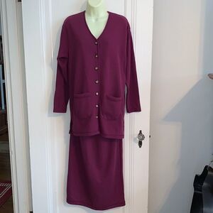 David Hollis purple long ribbed cardigan & sweater skirt outfit
